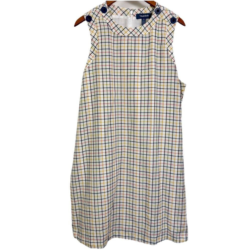 ModCloth Colorful Windowpane Grid Sleeveless Dress 2X Cotton Lined Retro A-Line